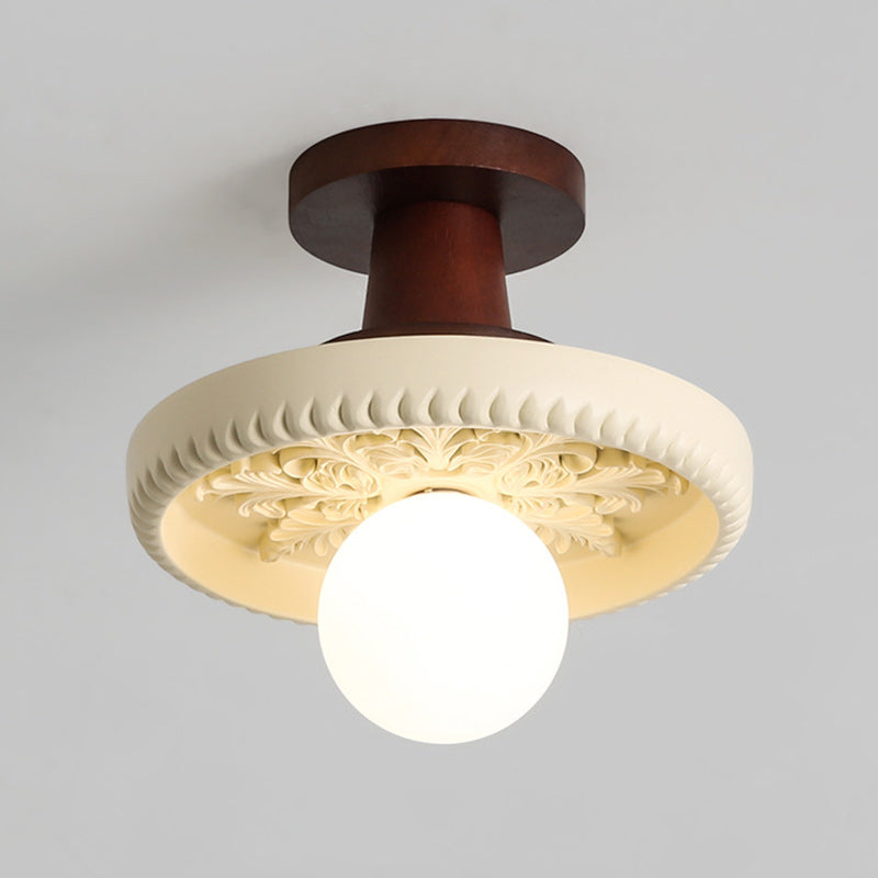 Moderne Übergangs-Deckenleuchte aus massivem Holz mit halbkreisförmigem Schnitzharzschirm, 1-Licht Semi-Flush-Mount für Wohnzimmer 