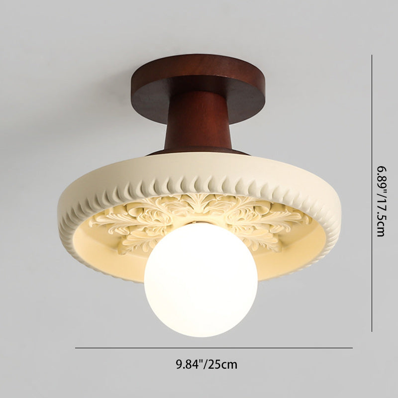Moderne Übergangs-Deckenleuchte aus massivem Holz mit halbkreisförmigem Schnitzharzschirm, 1-Licht Semi-Flush-Mount für Wohnzimmer 