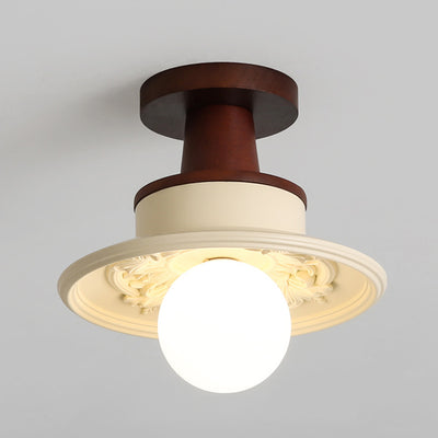 Moderne Übergangs-Deckenleuchte aus massivem Holz mit halbkreisförmigem Schnitzharzschirm, 1-Licht Semi-Flush-Mount für Wohnzimmer 
