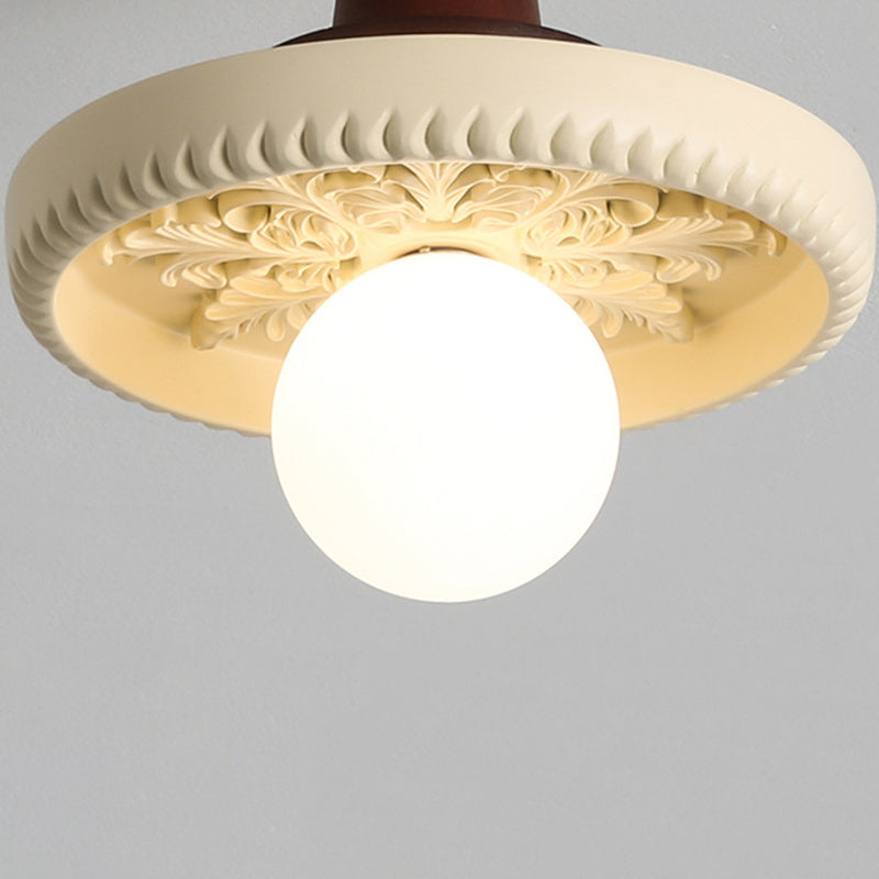 Moderne Übergangs-Deckenleuchte aus massivem Holz mit halbkreisförmigem Schnitzharzschirm, 1-Licht Semi-Flush-Mount für Wohnzimmer 