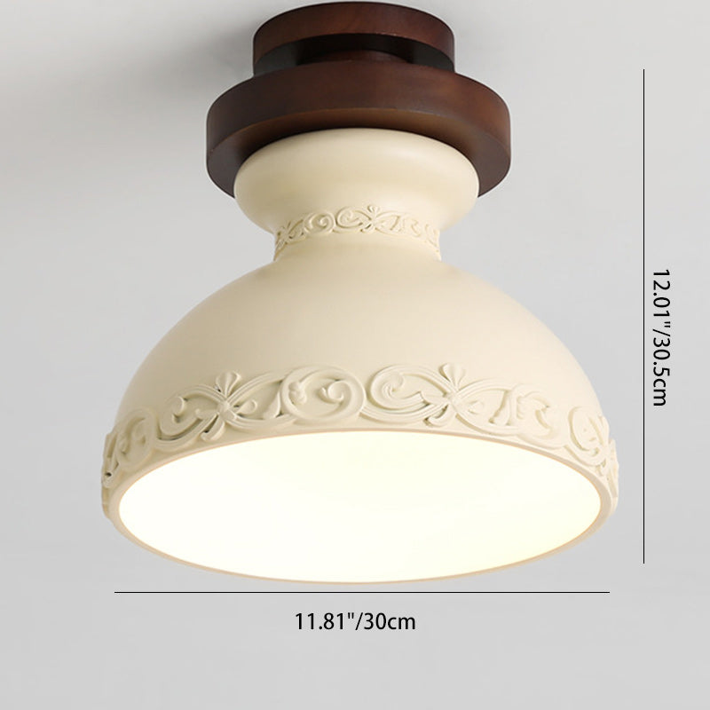 Moderne Übergangs-Deckenleuchte aus massivem Holz mit halbkreisförmigem Schnitzharzschirm, 1-Licht Semi-Flush-Mount für Wohnzimmer 