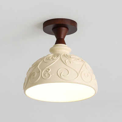Moderne Übergangs-Deckenleuchte aus massivem Holz mit halbkreisförmigem Schnitzharzschirm, 1-Licht Semi-Flush-Mount für Wohnzimmer 