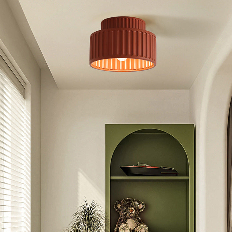 Contemporary Scandinavian Fluted Resin Cylinder Shade Iron 1-Light Semi-Flush Mount Ceiling Light For Living Room
