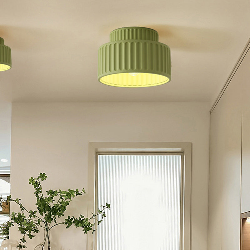 Contemporary Scandinavian Fluted Resin Cylinder Shade Iron 1-Light Semi-Flush Mount Ceiling Light For Living Room