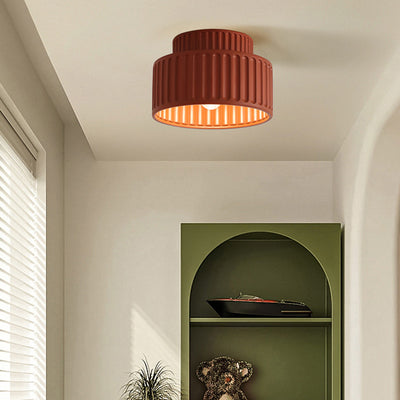 Contemporary Scandinavian Fluted Resin Cylinder Shade Iron 1-Light Semi-Flush Mount Ceiling Light For Living Room