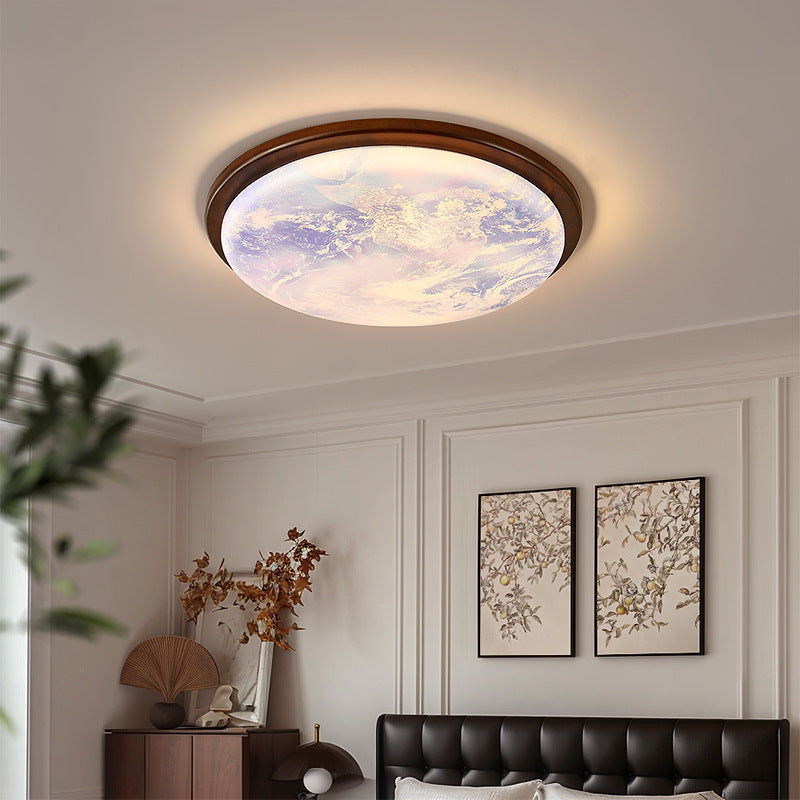Contemporary Nordic Wood Acrylic Round Moon Shade LED Flush Mount Ceiling Light For Hallway