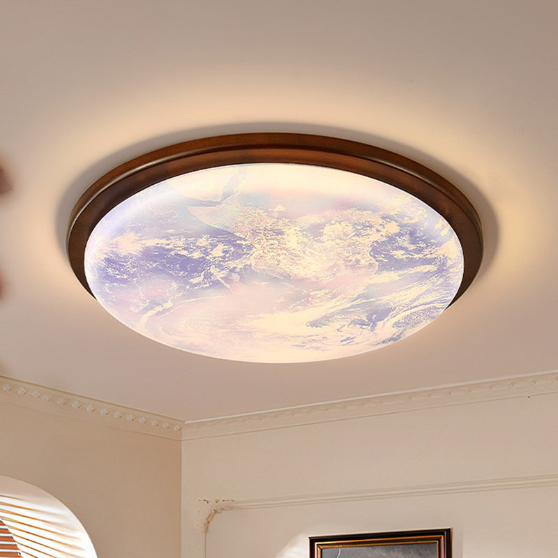 Contemporary Nordic Wood Acrylic Round Moon Shade LED Flush Mount Ceiling Light For Hallway