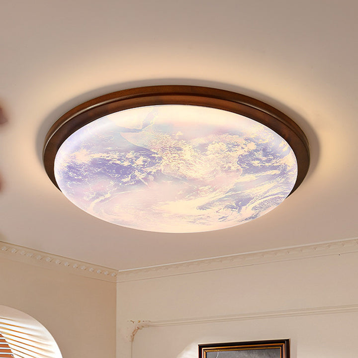 Contemporary Nordic Wood Acrylic Round Moon Shade LED Flush Mount Ceiling Light For Hallway
