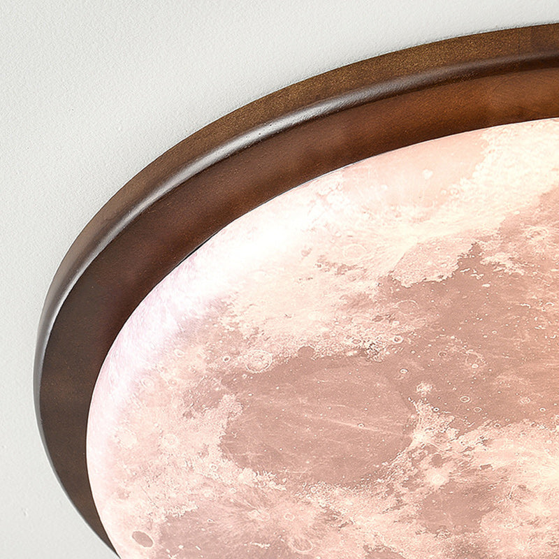 Contemporary Nordic Wood Acrylic Round Moon Shade LED Flush Mount Ceiling Light For Hallway