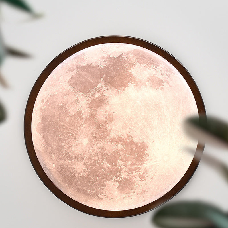 Contemporary Nordic Wood Acrylic Round Moon Shade LED Flush Mount Ceiling Light For Hallway