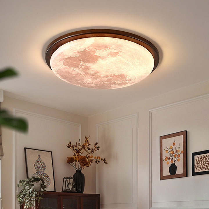 Contemporary Nordic Wood Acrylic Round Moon Shade LED Flush Mount Ceiling Light For Hallway