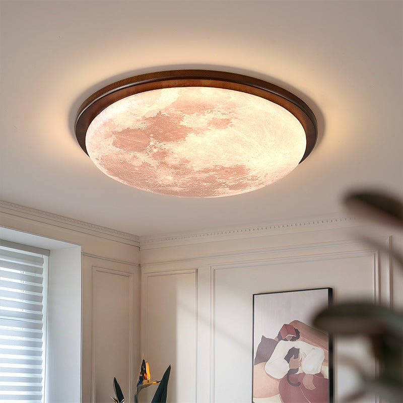 Contemporary Nordic Wood Acrylic Round Moon Shade LED Flush Mount Ceiling Light For Hallway