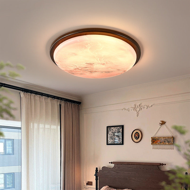 Contemporary Nordic Wood Acrylic Round Moon Shade LED Flush Mount Ceiling Light For Hallway