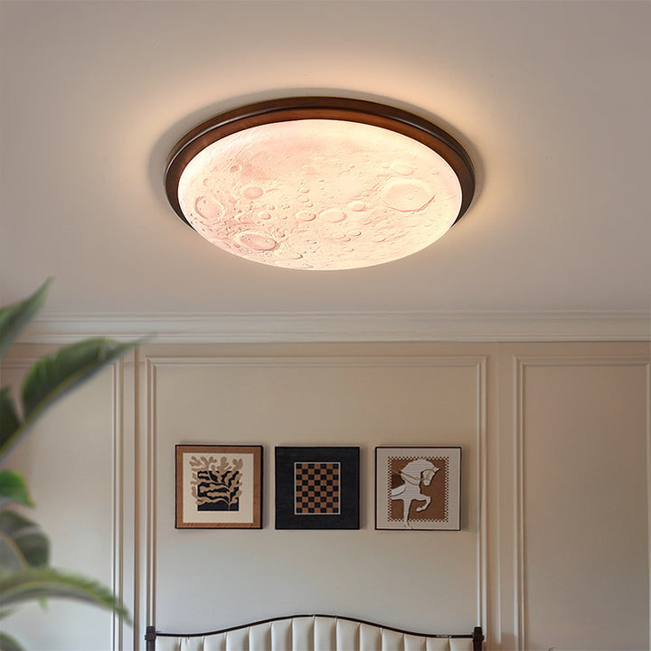 Contemporary Nordic Wood Acrylic Round Moon Shade LED Flush Mount Ceiling Light For Hallway