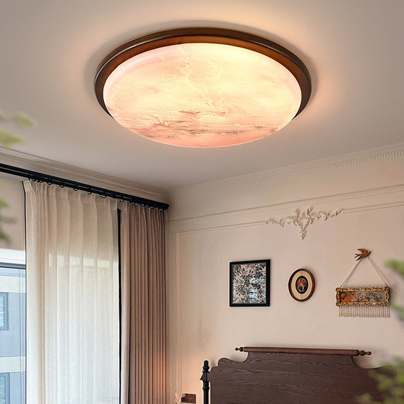 Contemporary Nordic Wood Acrylic Round Moon Shade LED Flush Mount Ceiling Light For Hallway