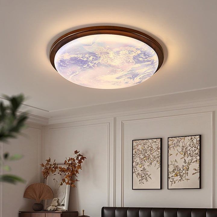 Contemporary Nordic Wood Acrylic Round Moon Shade LED Flush Mount Ceiling Light For Hallway