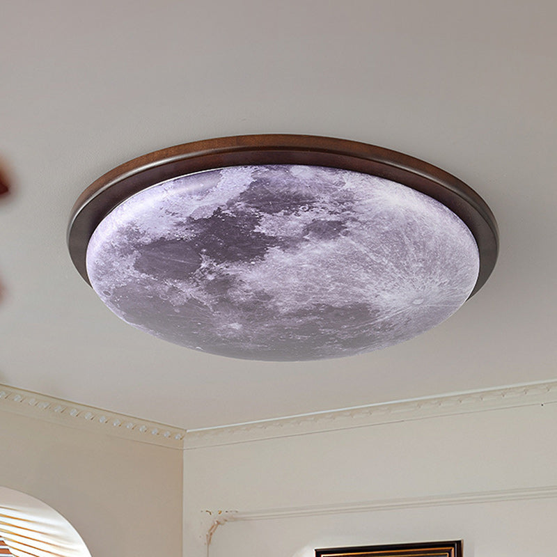 Contemporary Nordic Wood Acrylic Round Moon Shade LED Flush Mount Ceiling Light For Hallway