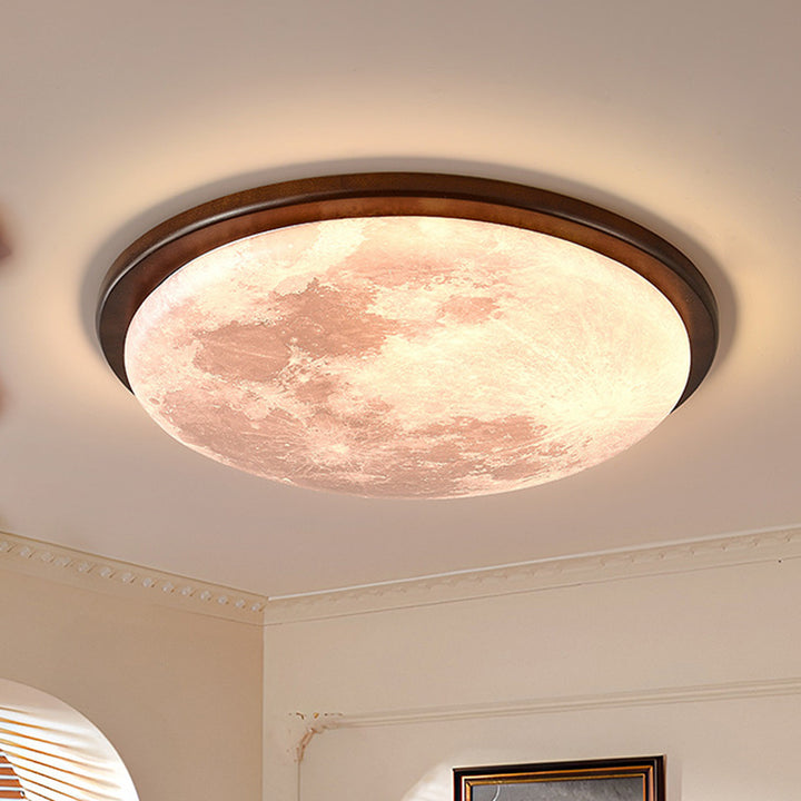 Contemporary Nordic Wood Acrylic Round Moon Shade LED Flush Mount Ceiling Light For Hallway