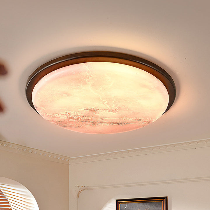 Contemporary Nordic Wood Acrylic Round Moon Shade LED Flush Mount Ceiling Light For Hallway