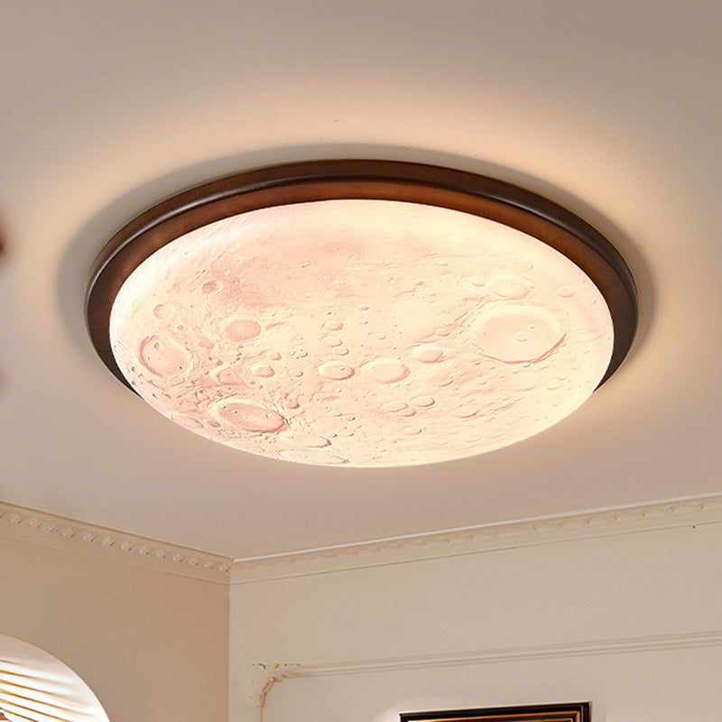 Contemporary Nordic Wood Acrylic Round Moon Shade LED Flush Mount Ceiling Light For Hallway