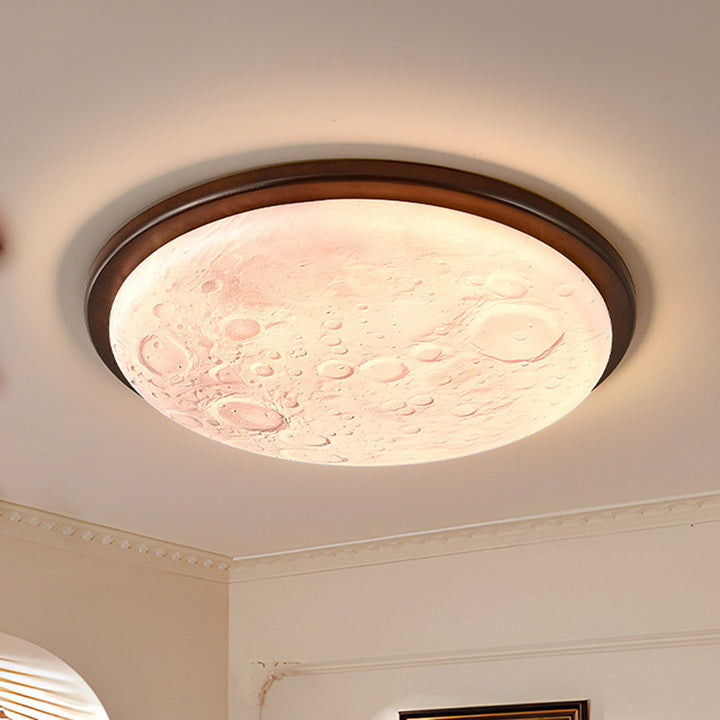Contemporary Nordic Wood Acrylic Round Moon Shade LED Flush Mount Ceiling Light For Hallway