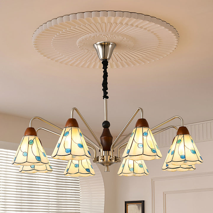 Traditioneller Tiffany Buntglas-Blumenschirm Eisen Massivholz 5-Licht Kronleuchter für Wohnzimmer 