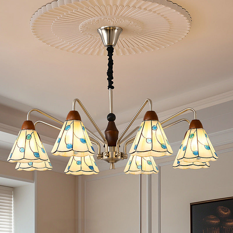 Traditioneller Tiffany Buntglas-Blumenschirm Eisen Massivholz 5-Licht Kronleuchter für Wohnzimmer 