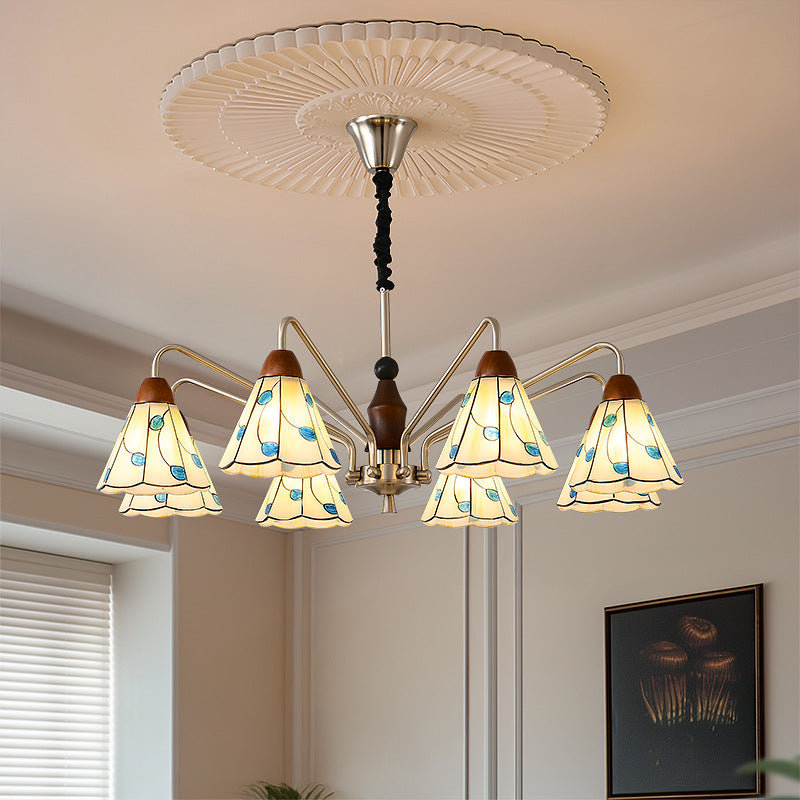 Traditioneller Tiffany Buntglas-Blumenschirm Eisen Massivholz 5-Licht Kronleuchter für Wohnzimmer 