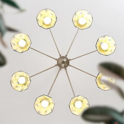 Traditioneller Tiffany Buntglas-Blumenschirm Eisen Massivholz 5-Licht Kronleuchter für Wohnzimmer 