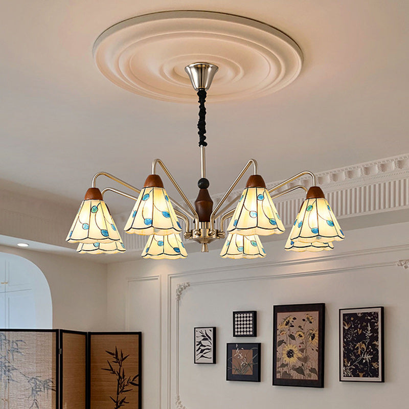 Traditioneller Tiffany Buntglas-Blumenschirm Eisen Massivholz 5-Licht Kronleuchter für Wohnzimmer 