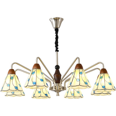 Traditioneller Tiffany Buntglas-Blumenschirm Eisen Massivholz 5-Licht Kronleuchter für Wohnzimmer 