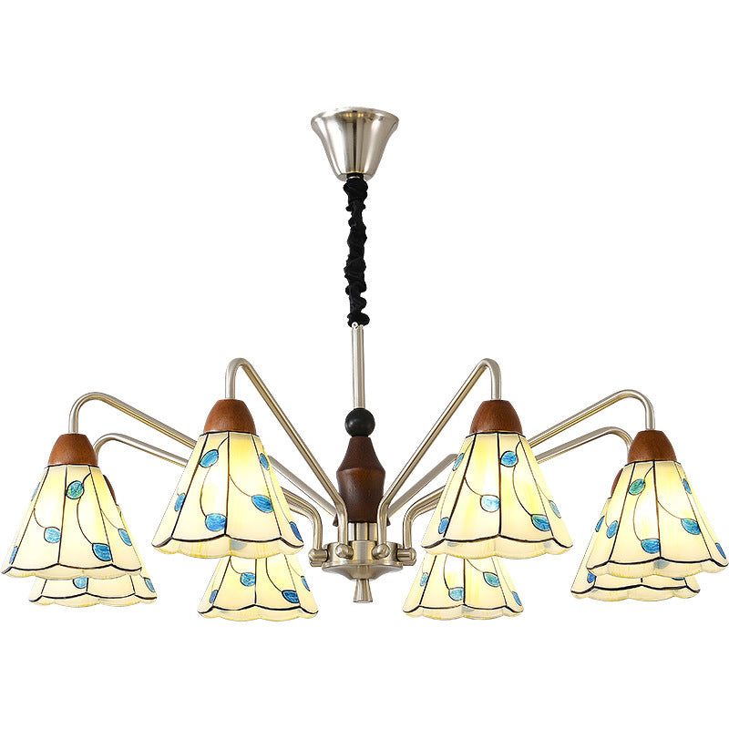 Traditioneller Tiffany Buntglas-Blumenschirm Eisen Massivholz 5-Licht Kronleuchter für Wohnzimmer 