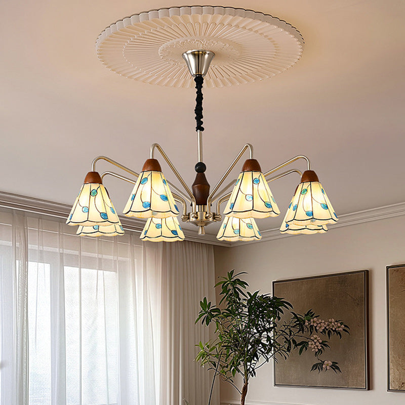 Traditioneller Tiffany Buntglas-Blumenschirm Eisen Massivholz 5-Licht Kronleuchter für Wohnzimmer 