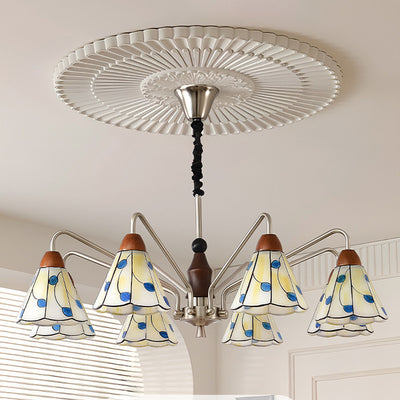 Traditioneller Tiffany Buntglas-Blumenschirm Eisen Massivholz 5-Licht Kronleuchter für Wohnzimmer 