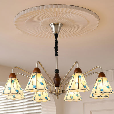 Traditioneller Tiffany Buntglas-Blumenschirm Eisen Massivholz 5-Licht Kronleuchter für Wohnzimmer 