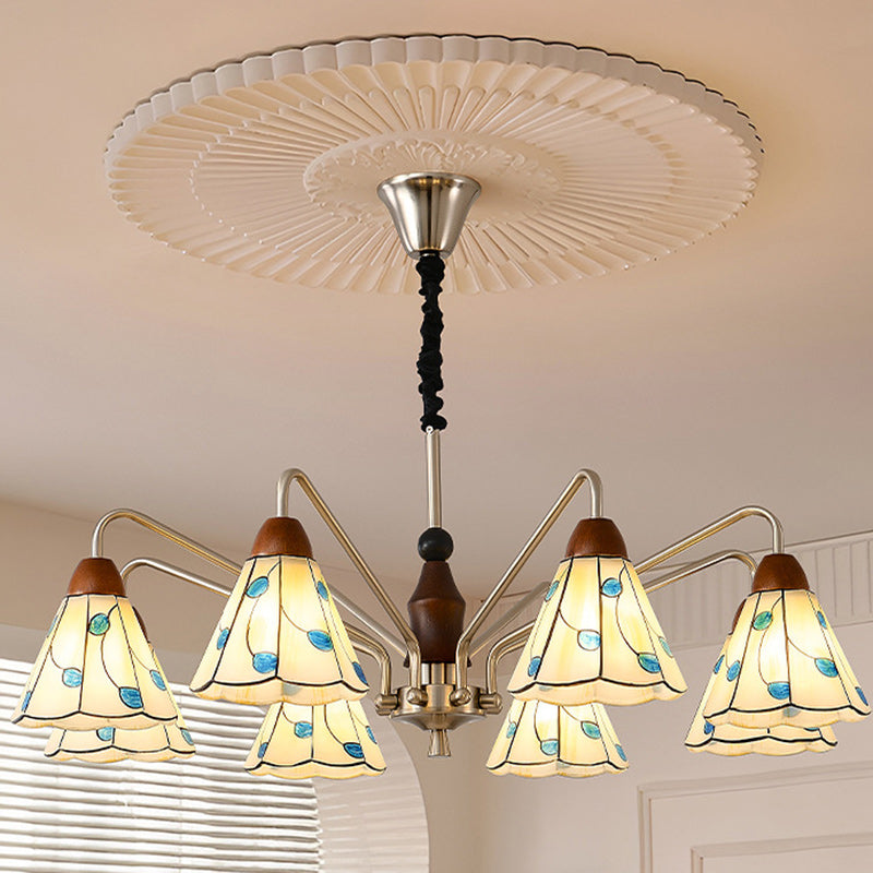 Traditioneller Tiffany Buntglas-Blumenschirm Eisen Massivholz 5-Licht Kronleuchter für Wohnzimmer 