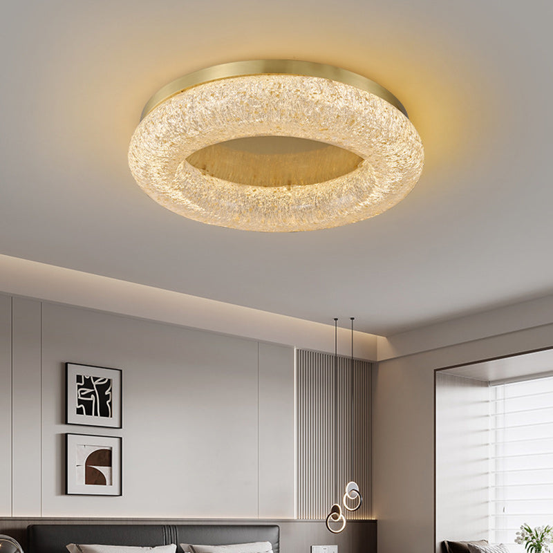 Contemporary Luxury Gold Leaf Resin Finish Copper Ring LED Flush Mount Ceiling Light For Living Room
