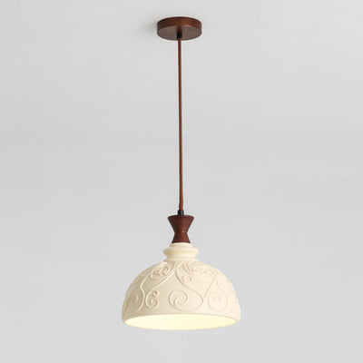 Modern Transitional Solid Wood Semicircle Carving Resin Shade 1-Light Pendant Light For Living Room