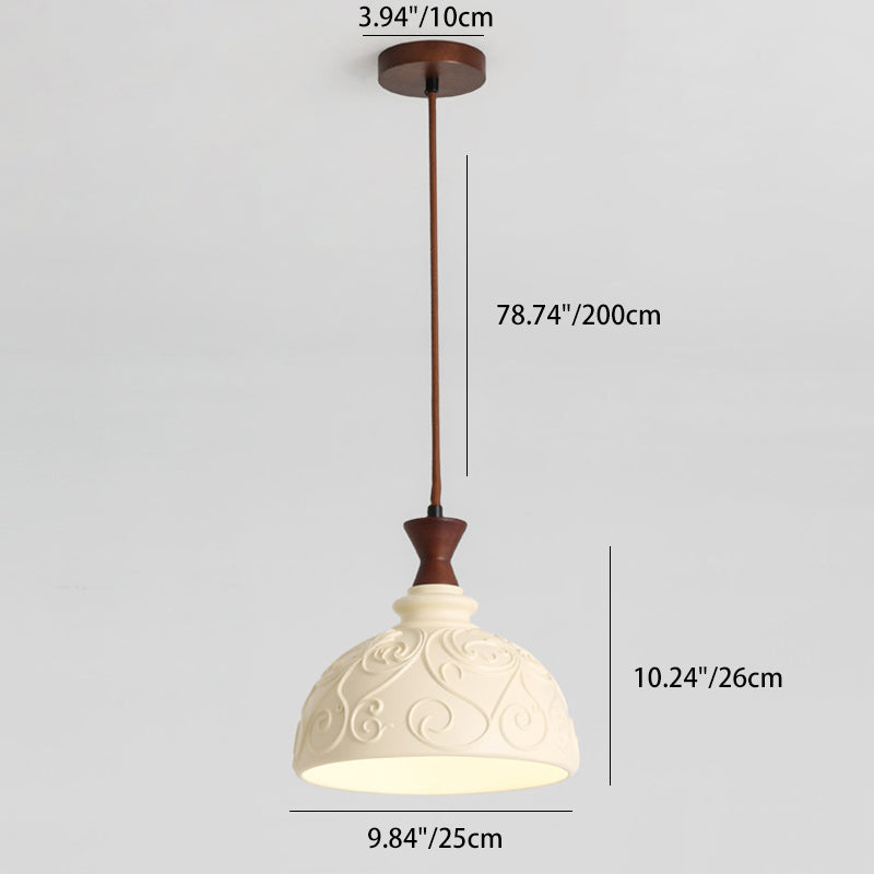 Modern Transitional Solid Wood Semicircle Carving Resin Shade 1-Light Pendant Light For Living Room