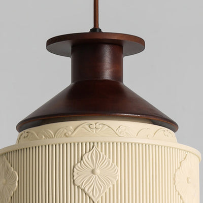 Modern Transitional Solid Wood Semicircle Carving Resin Shade 1-Light Pendant Light For Living Room