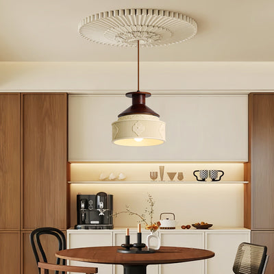 Modern Transitional Solid Wood Semicircle Carving Resin Shade 1-Light Pendant Light For Living Room