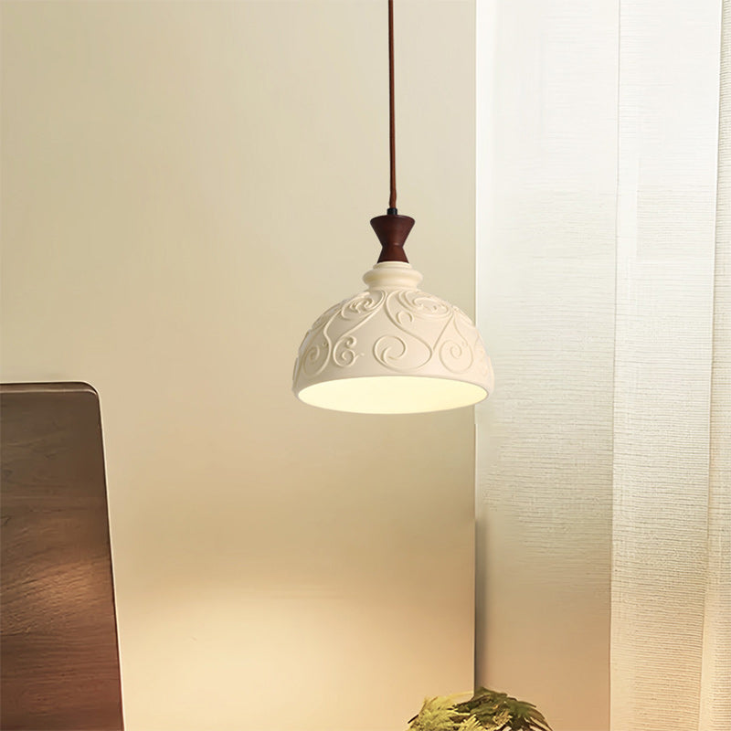 Modern Transitional Solid Wood Semicircle Carving Resin Shade 1-Light Pendant Light For Living Room