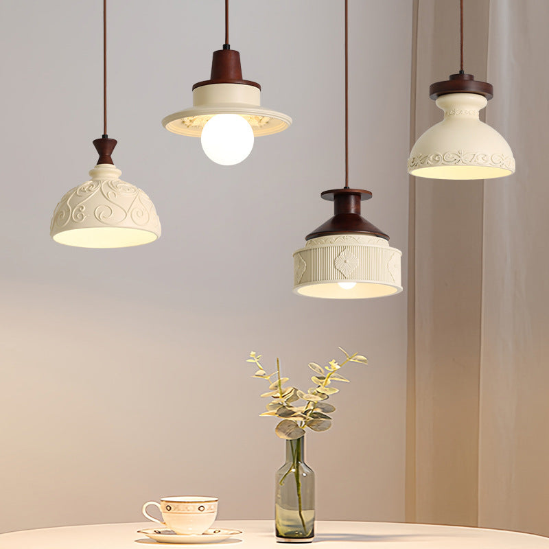 Modern Transitional Solid Wood Semicircle Carving Resin Shade 1-Light Pendant Light For Living Room