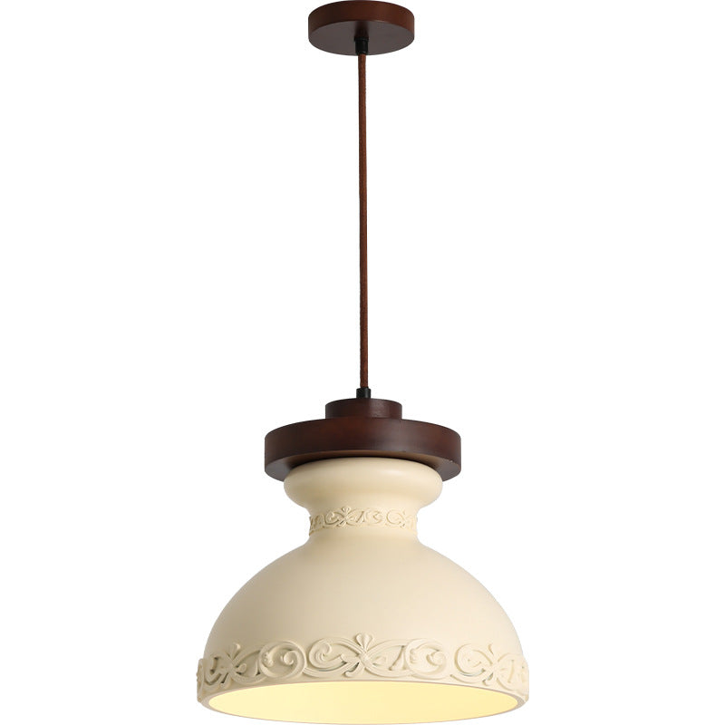 Modern Transitional Solid Wood Semicircle Carving Resin Shade 1-Light Pendant Light For Living Room