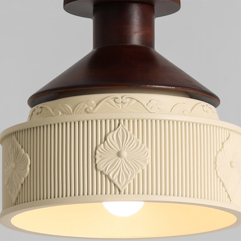 Modern Transitional Solid Wood Semicircle Carving Resin Shade 1-Light Pendant Light For Living Room