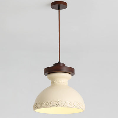 Modern Transitional Solid Wood Semicircle Carving Resin Shade 1-Light Pendant Light For Living Room
