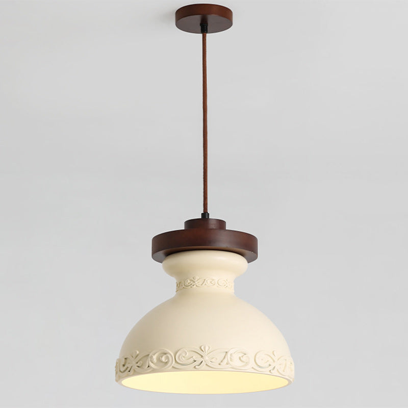 Modern Transitional Solid Wood Semicircle Carving Resin Shade 1-Light Pendant Light For Living Room