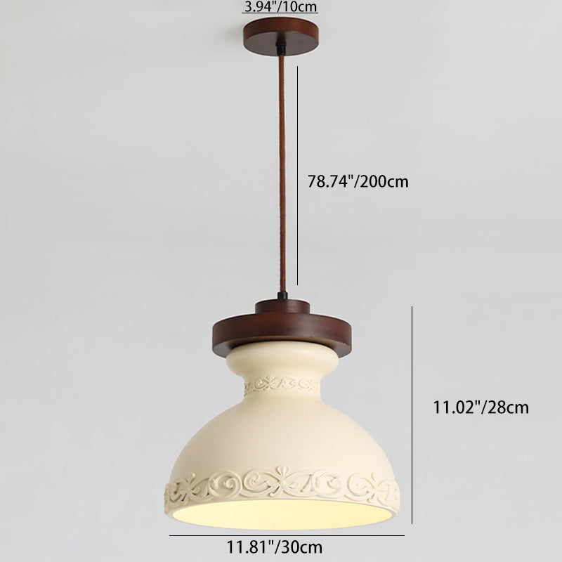 Modern Transitional Solid Wood Semicircle Carving Resin Shade 1-Light Pendant Light For Living Room