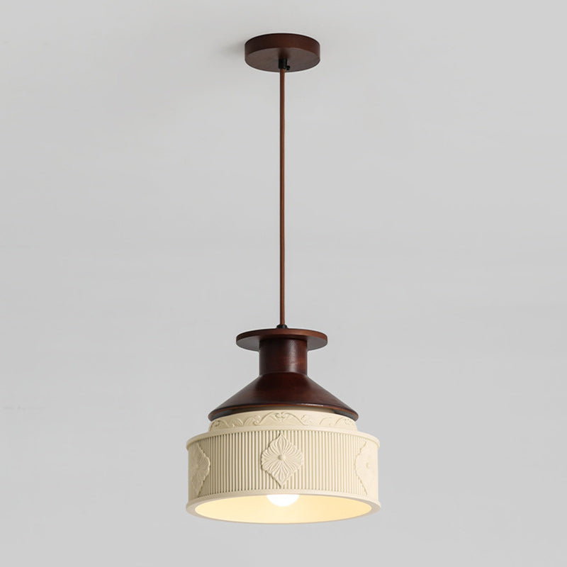Modern Transitional Solid Wood Semicircle Carving Resin Shade 1-Light Pendant Light For Living Room