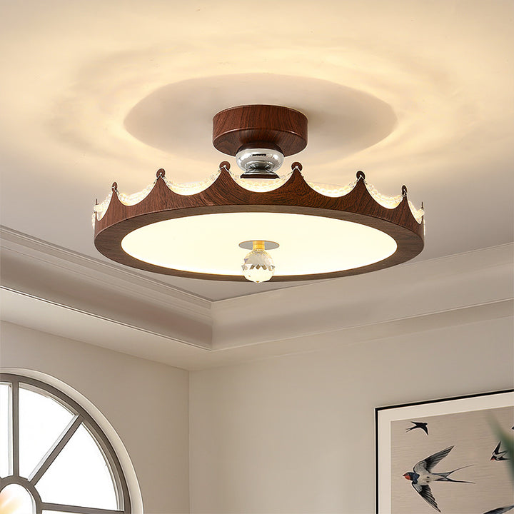 Traditional French Iron Faux Woodgrain Acrylic Crown Shade LED Semi-Flush Mount Ceiling Light For Living Room